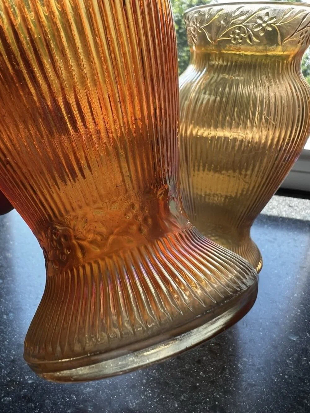 c1928 Pair/2 Jeanette Prism & Daisy Band Floral Ribbed Iridescent Glass 6